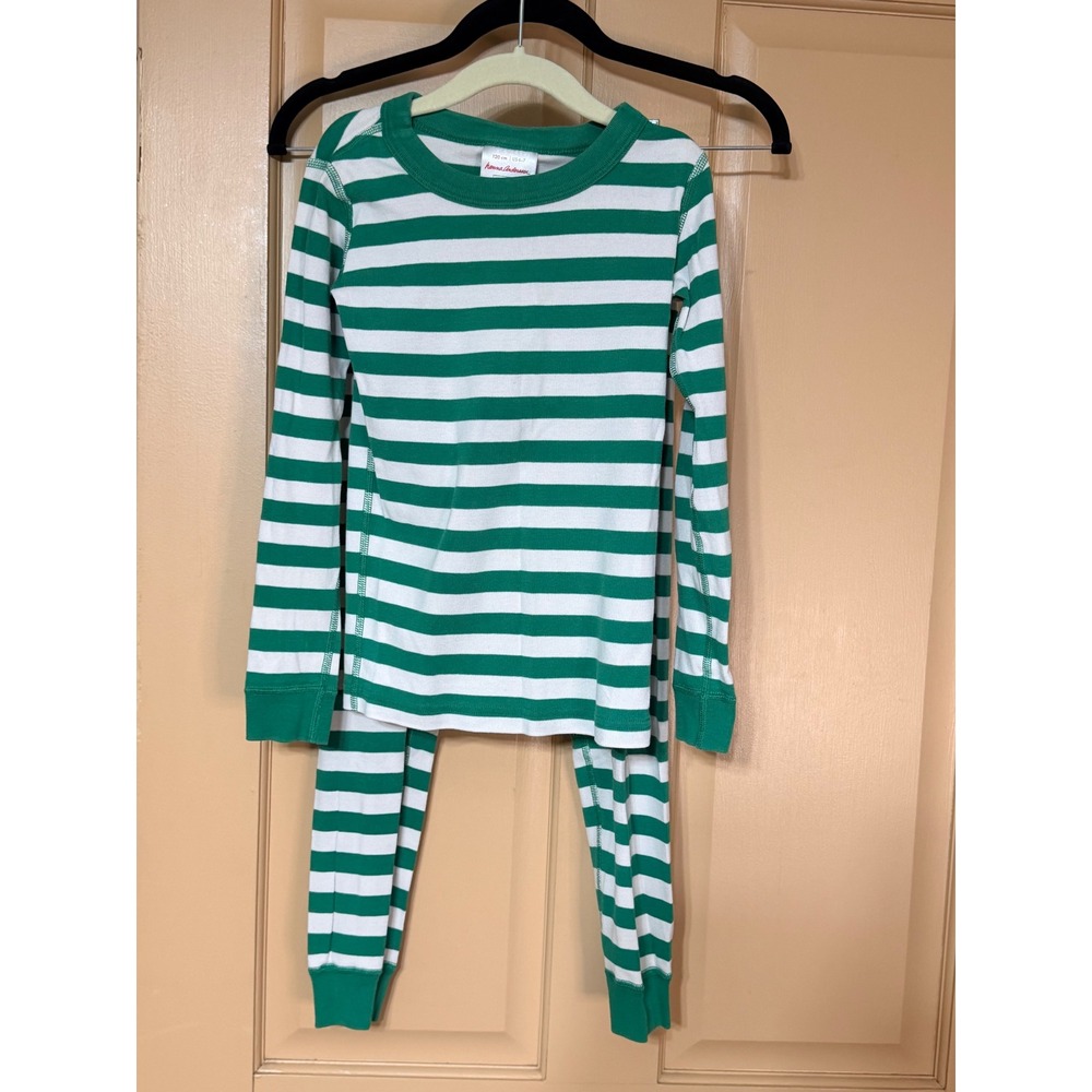 Hanna Andersson Green White Striped Pajama Set Organic Cotton Kids 120 US 6-7